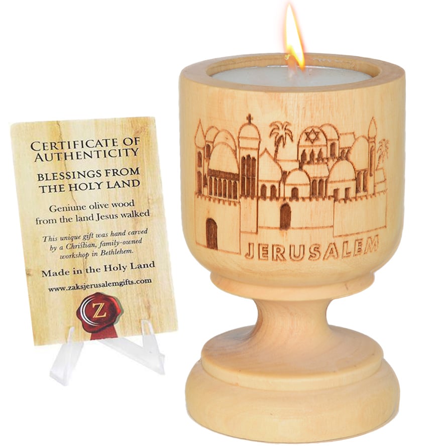 ‘Christian Jewish Jerusalem’ Olive Wood Candle Holder – Made in Israel – 3″