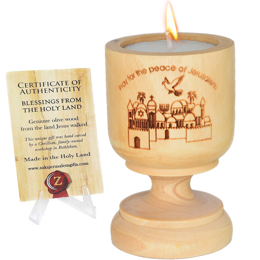 Olive Wood ‘Pray for the Peace of Jerusalem’ Engraved Candle Holder – 3″