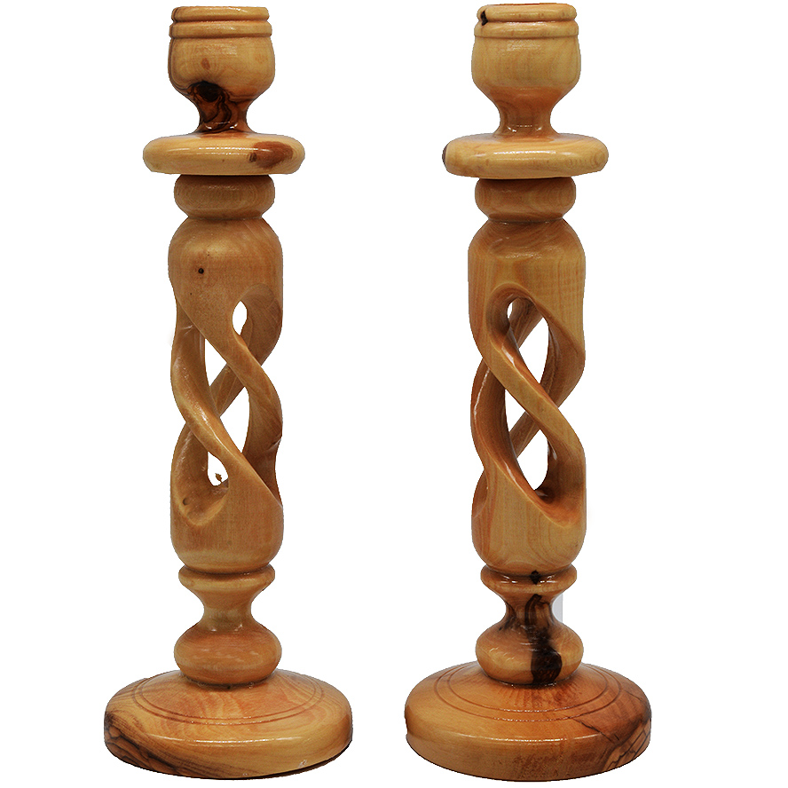 Pair of Olive Wood Spiral Candlesticks from Jerusalem - 9"