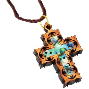 Carved Olive Wood Cross Necklace with Mother of Pearl
