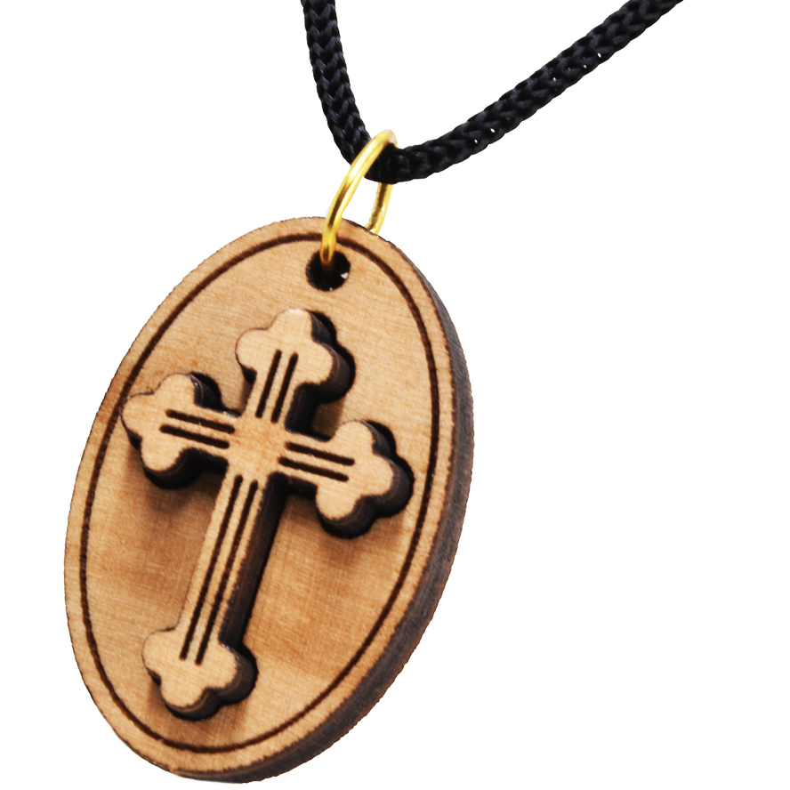 Olive Wood 'Catholic Cross' Oval Plaque Pendant - Made in Bethlehem