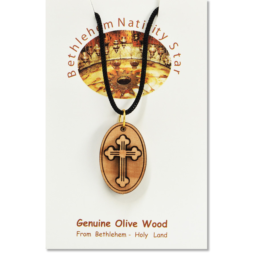 Olive Wood ‘Catholic Cross’ Oval Plaque Pendant – Made in Bethlehem (certificate)