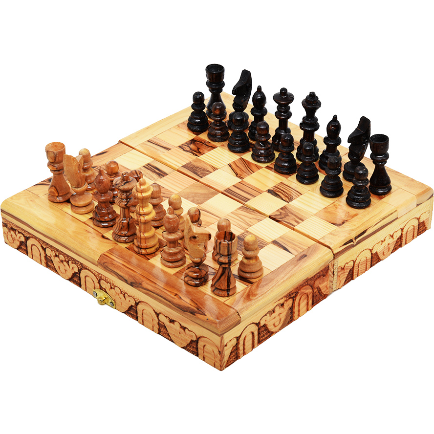 Chess game out of olive wood with drawer, including figures