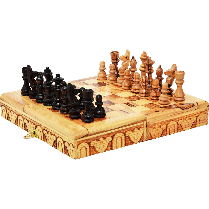 Wooden Chess Board Game – Made in Israel from Olive Wood (low view)