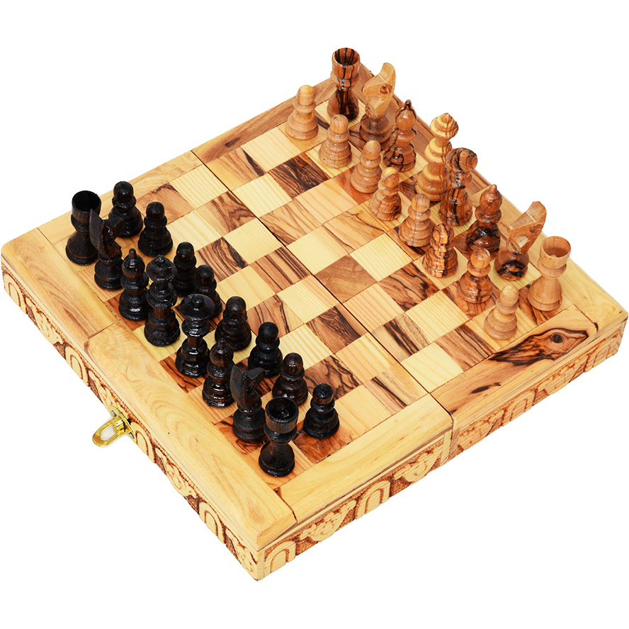 Wooden Chess Board Game – Made in Israel from Olive Wood (top view)