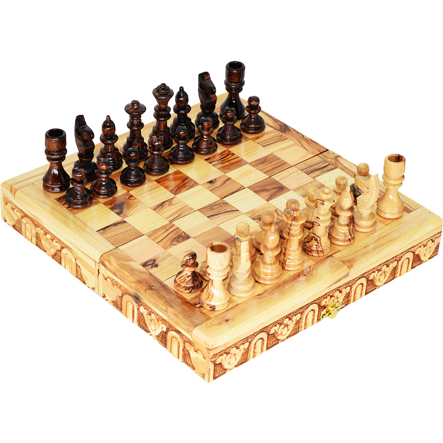 Chess Board Set – Hand Made in Israel from Olive Wood – 10″ (top view)