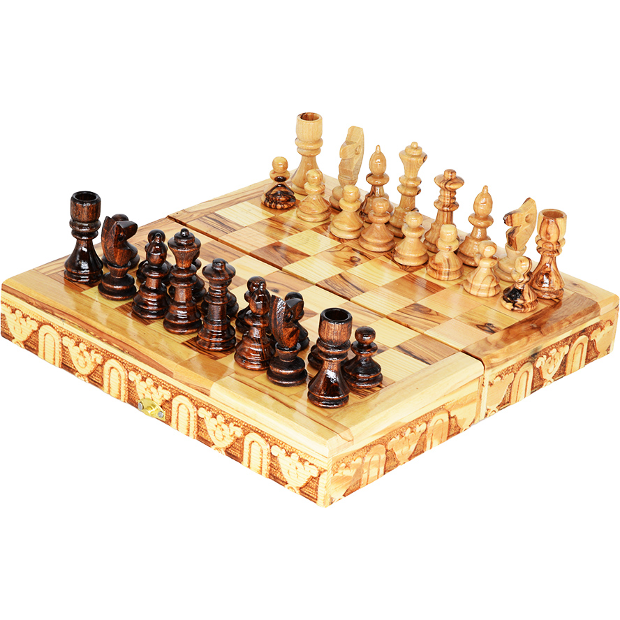 Chess Board Set – Hand Made in Israel from Olive Wood – 10″ (from black)