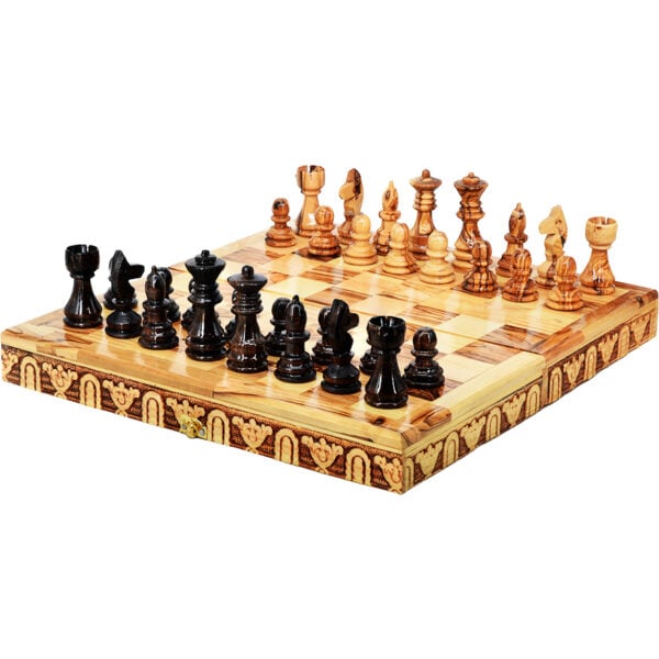 Wooden Chess Set - Made in Israel from Olive Wood - 12" (low angle view)