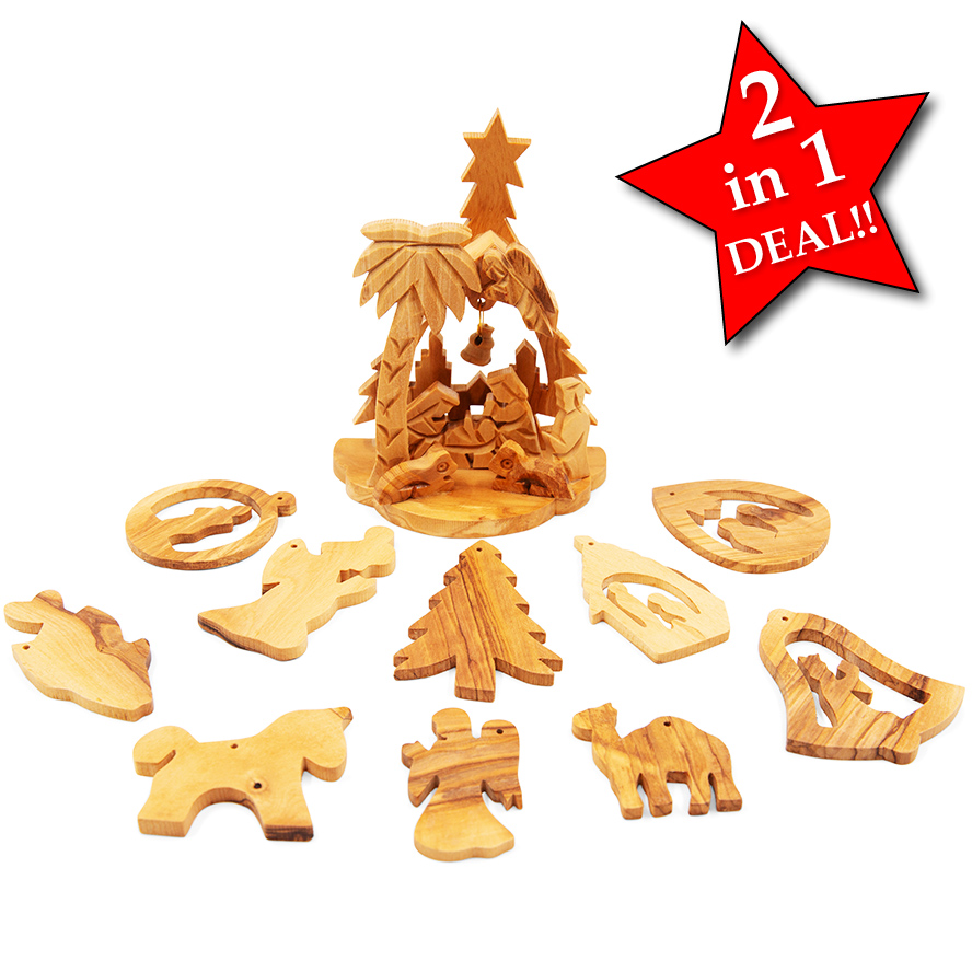 SPECIAL CHRISTMAS DEAL!!! Olive Wood Nativity with Tree Decorations