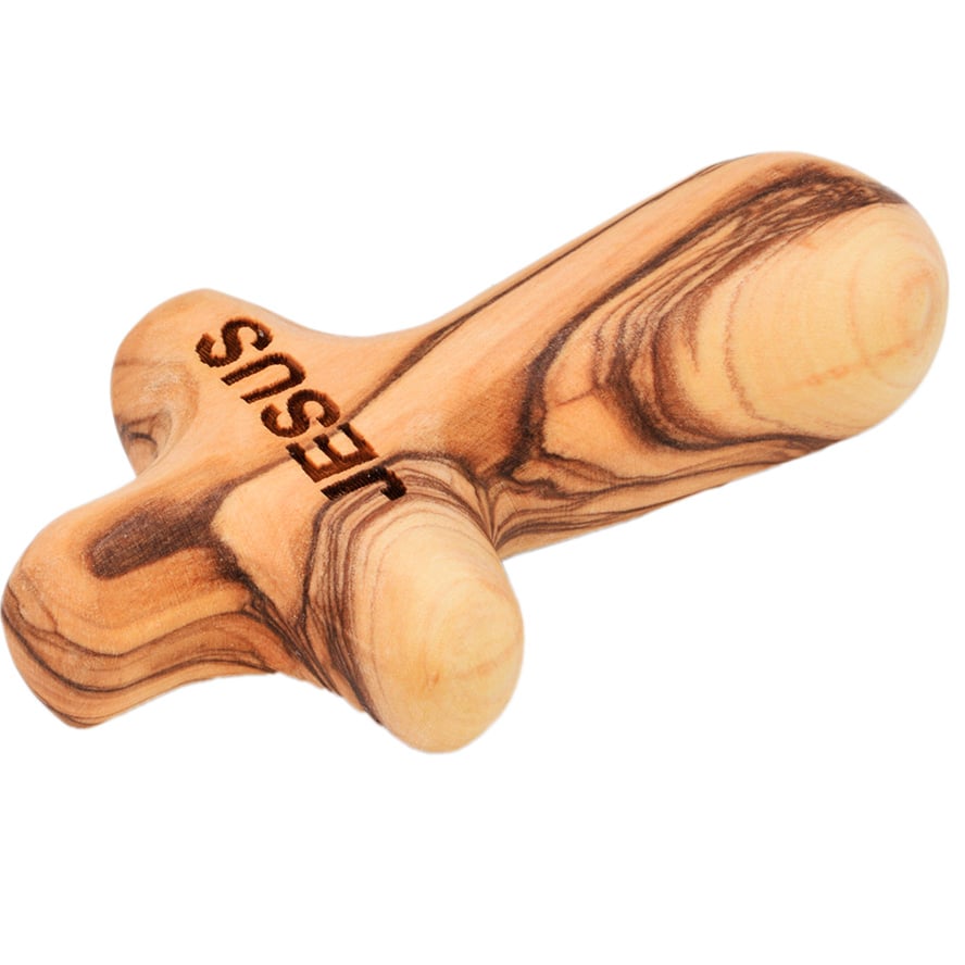 Olive Wood ‘JESUS’ Comfort Cross – Gift of Faith from the Holy Land (side view)