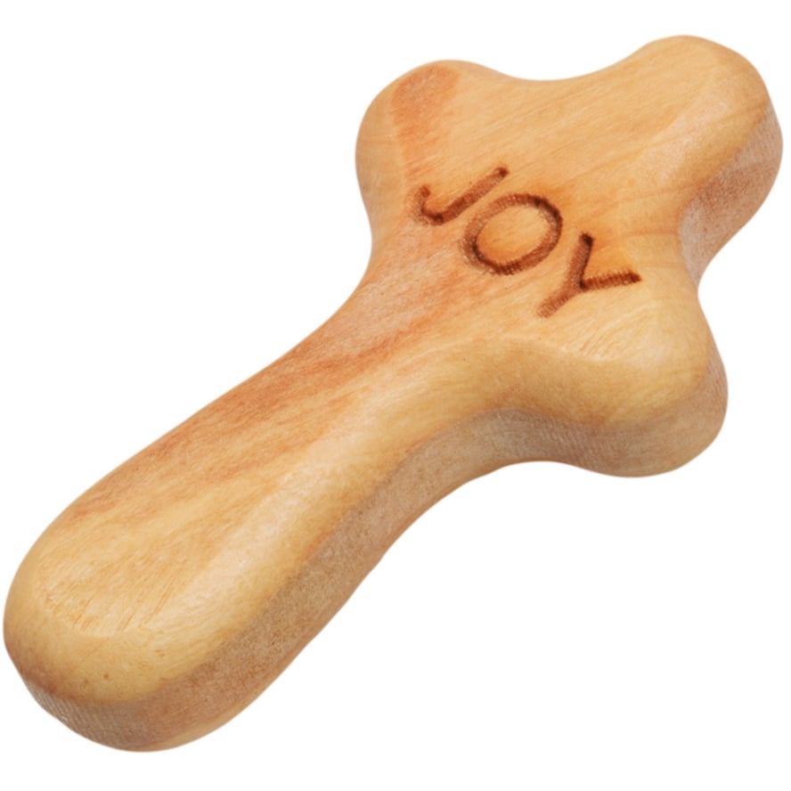 ‘JOY’ Comfort Cross – Olive Wood Faith Gifts from the Holy Land – 2″ (right view)