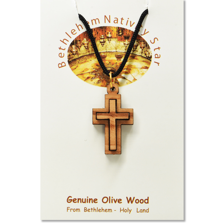 Olive Wood Cross 3D Pendant - Made in the Holy Land (certificate)
