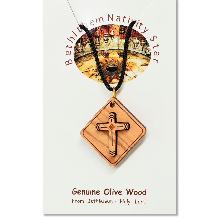 Olive Wood Cross - 3D Square Pendant - Made in Bethlehem (certificate)