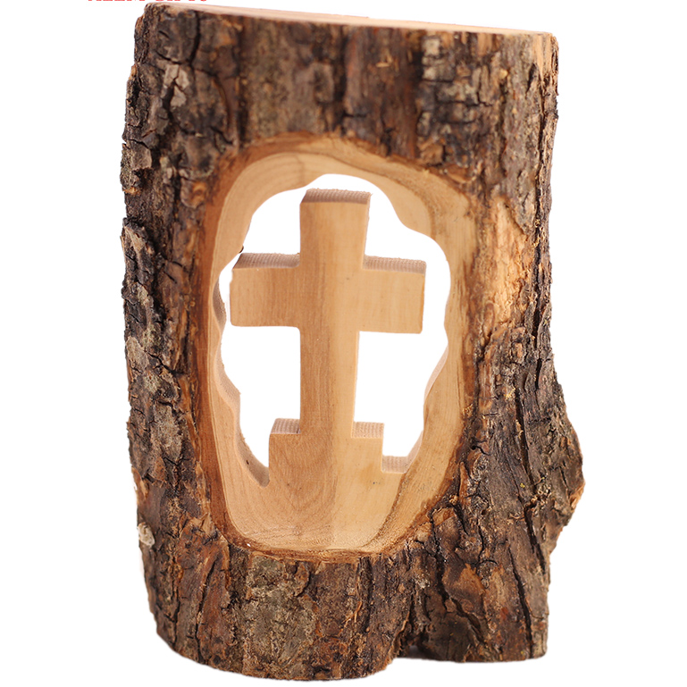 Hand Carved Olive Wood Cross in Log
