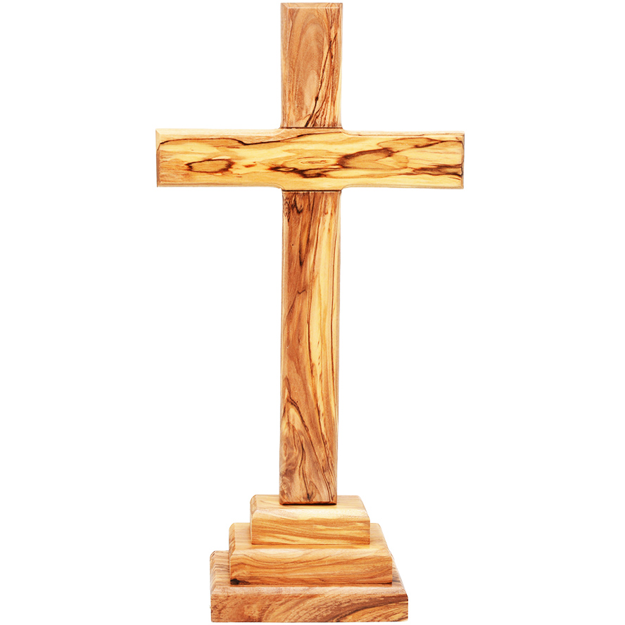 Standing Olive Wood Cross on a Triple Level Base – Made in Israel – 11″ (front view)