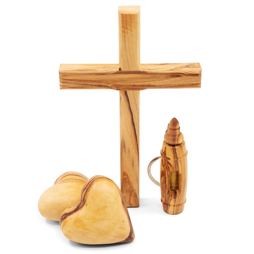 ‘MESSAGE OF THE CROSS’ Olive Wood Gift Set – Cross, Anointing Hearts