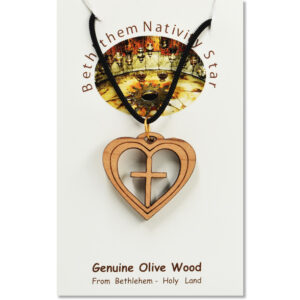 Olive Wood 'Cross inside a Heart' Necklace - Made in Bethlehem (certificate)