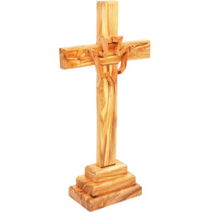 Standing Olive Wood Cross With Holy Spirit Dove - 10" (angle view)
