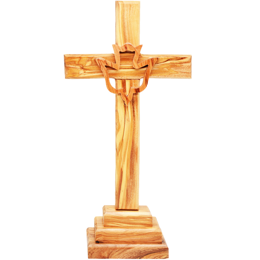 Standing Olive Wood Cross With Holy Spirit Dove - 10"