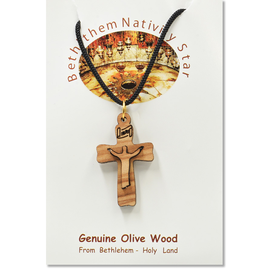 Olive Wood ‘Risen Christ Cross’ 3D Necklace from Jerusalem (certificate)