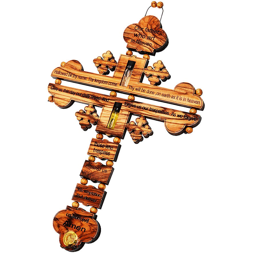 ‘The Lord’s Prayer’ Olive Wood Coptic Cross with Oil, Water and Incense (side view)