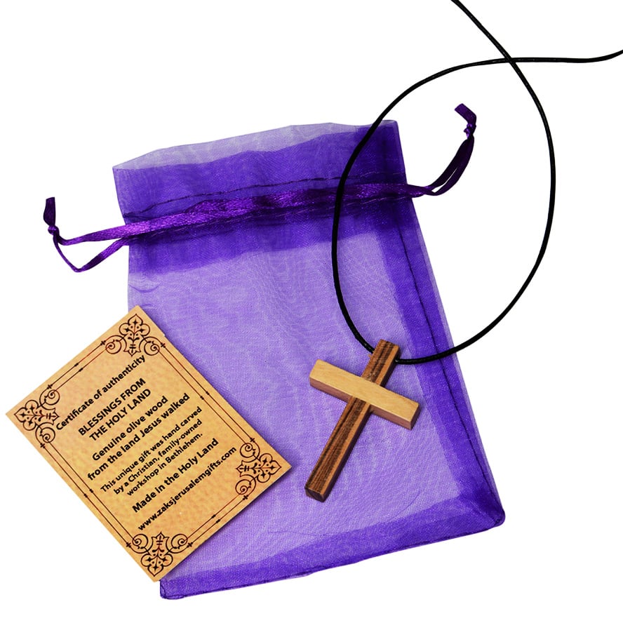 Olive Wood Cross Necklace - Holy Land - Purple Gift Bag