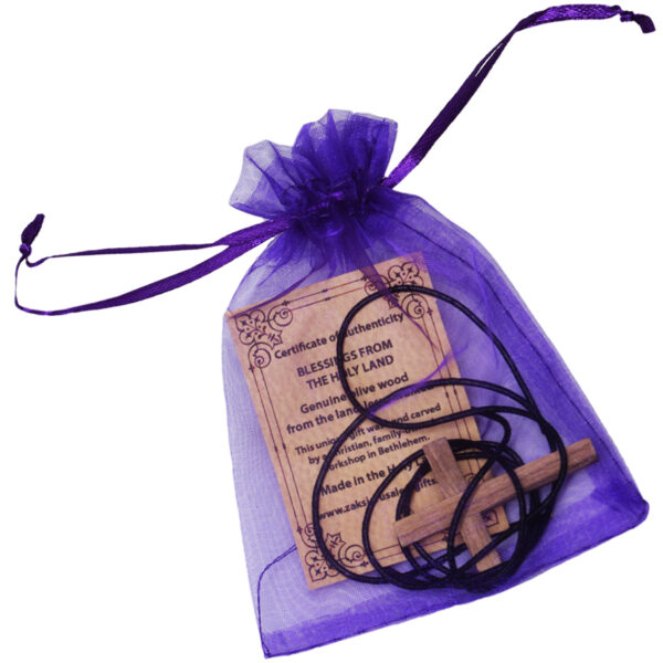 Olive Wood Cross Necklace - Holy Land in a Purple Gift Bag