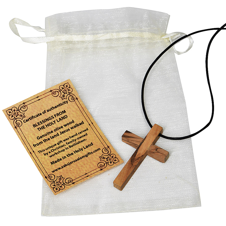 Olive Wood Cross Necklace - Holy Land Certificate of Authenticity