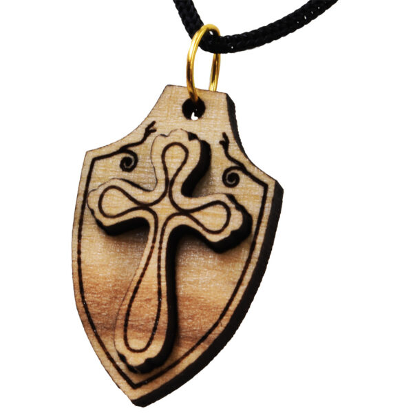 Olive Wood 'Cross on Shield' Pendant from Jerusalem