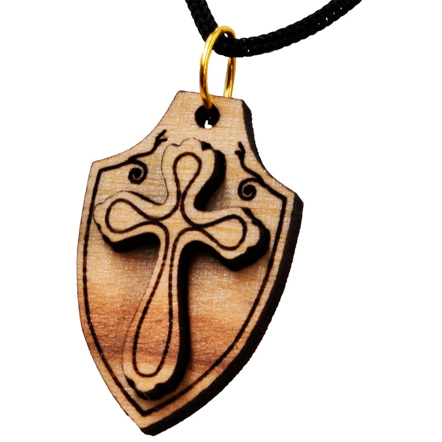 Olive Wood ‘Cross on Shield’ Pendant from Jerusalem