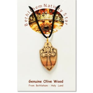 Olive Wood 'Cross on Shield' Pendant from Jerusalem (certificate)