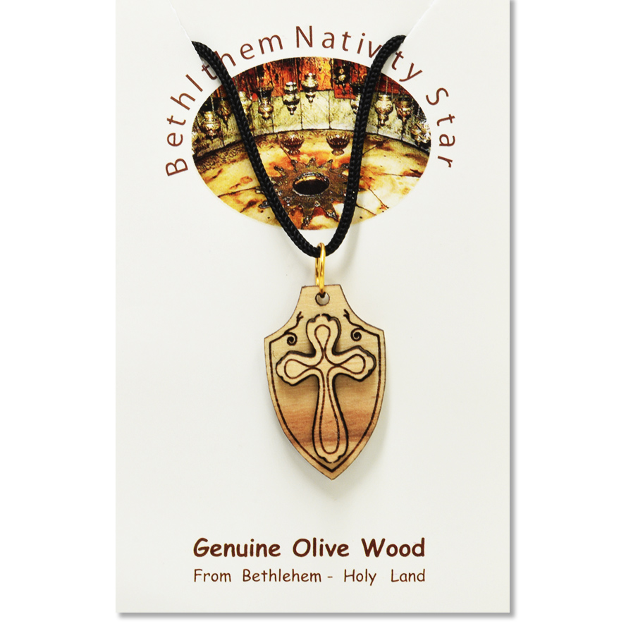 Olive Wood ‘Cross on Shield’ Pendant from Jerusalem (certificate)