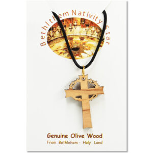 Olive Wood 'Crown of Thorns Cross' Necklace - Made in Bethlehem (Certificate)