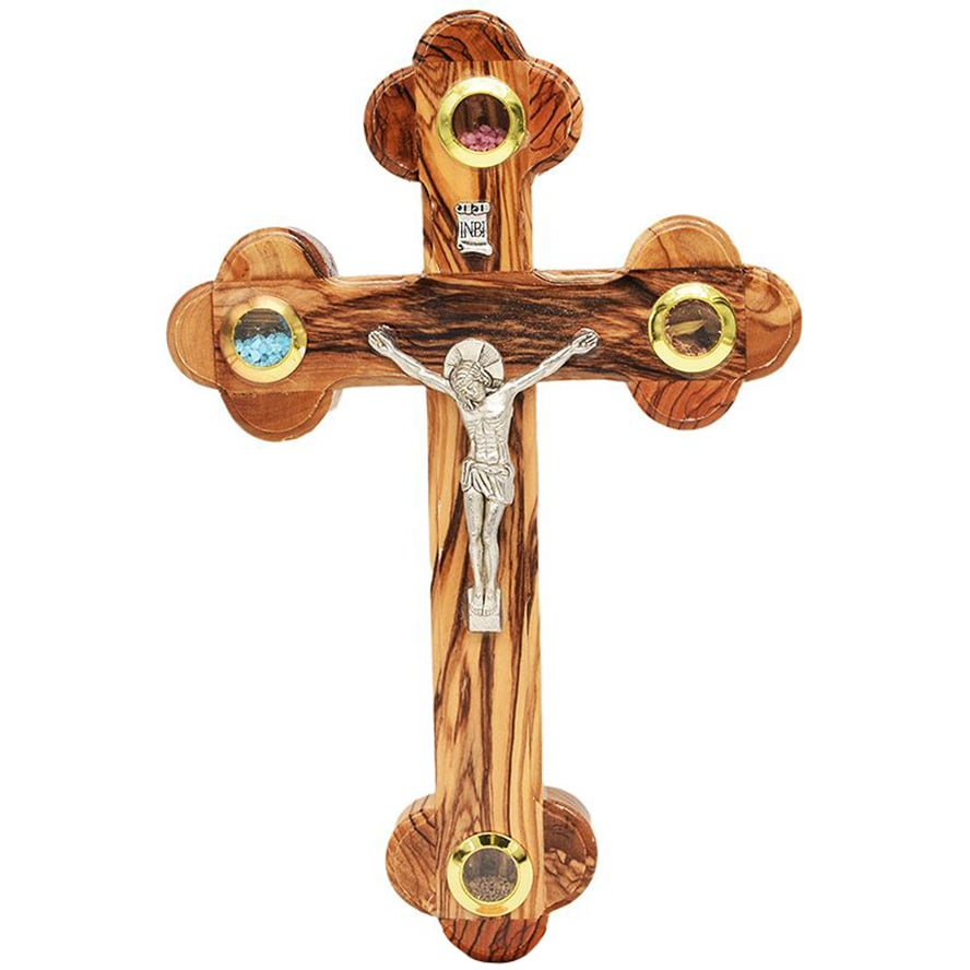 Olive Wood Wall Crucifix – 3 Incense and Holy Soil – 8″ (front)