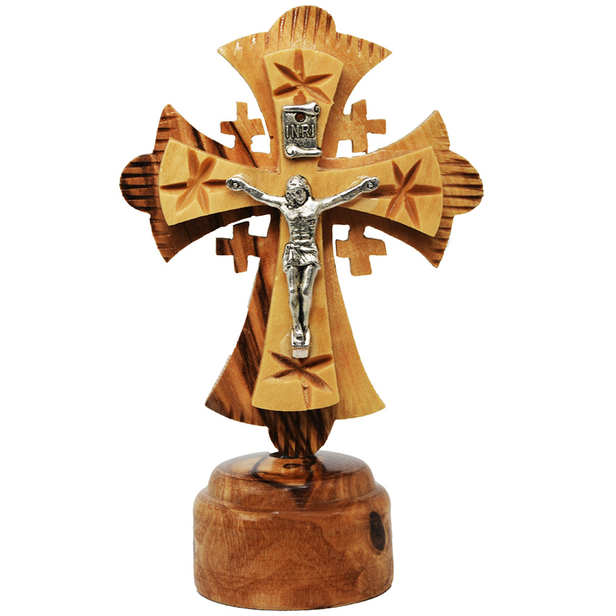 Olive Wood Cross with Metal Crucifix on Stand from Bethlehem