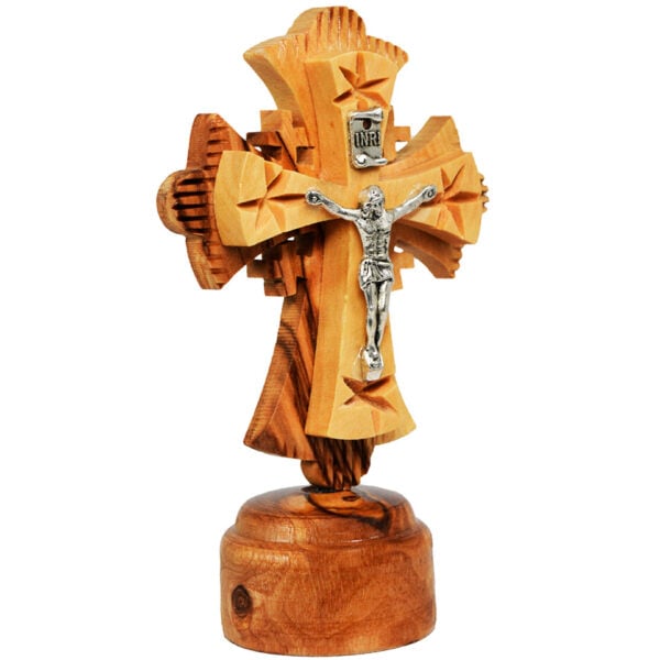 Olive Wood Cross with Metal Crucifix on Stand from Bethlehem (side view)