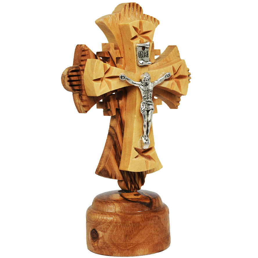 Olive Wood Cross with Metal Crucifix on Stand from Bethlehem (side view)