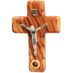 Olive Wood Cross with Metal 'Crucifix' Wall Hanging with Incense - 3.5" inch (front view)