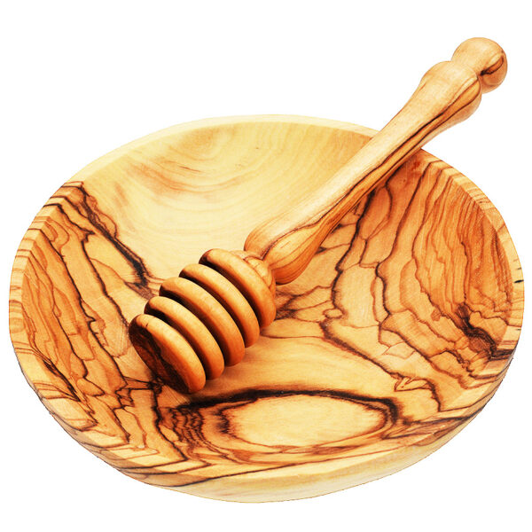 Olive wood dish and honey dipper