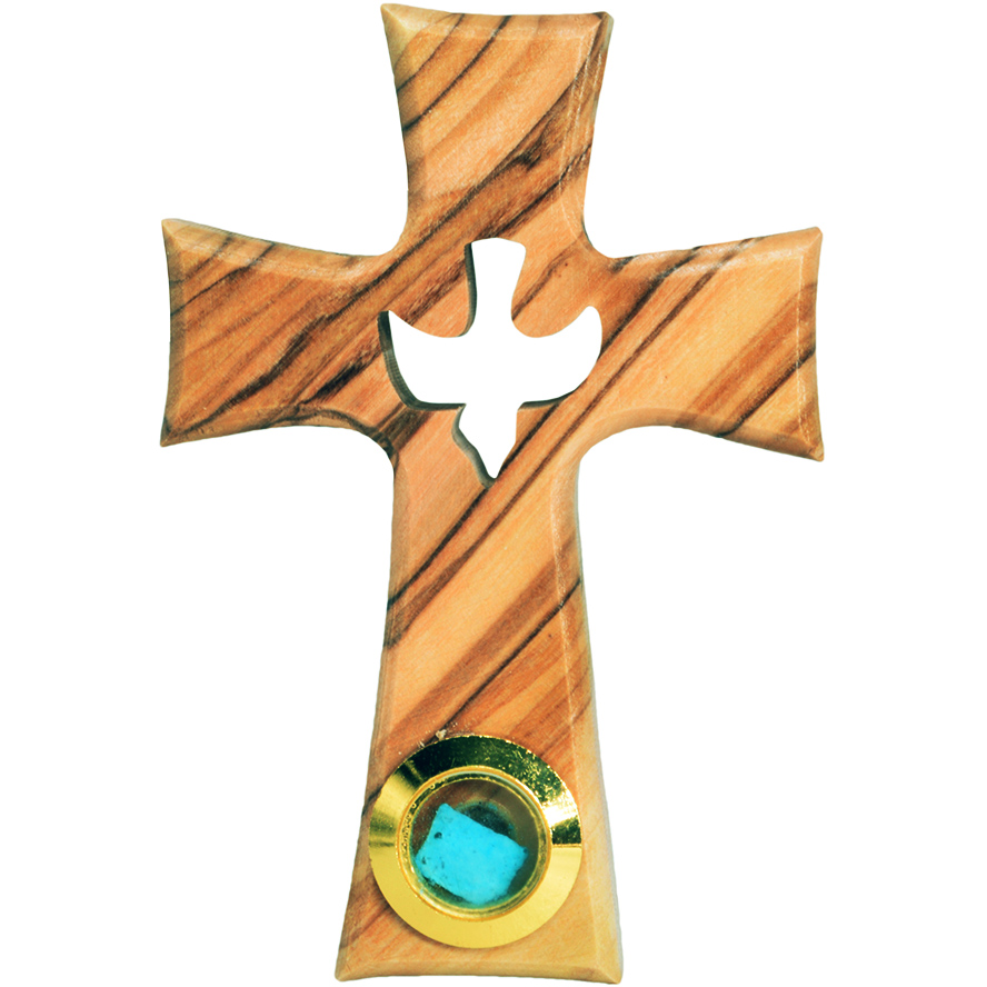 ‘Holy Spirit’ Olive Wood Cross with Dove with Incense Vial – 5″