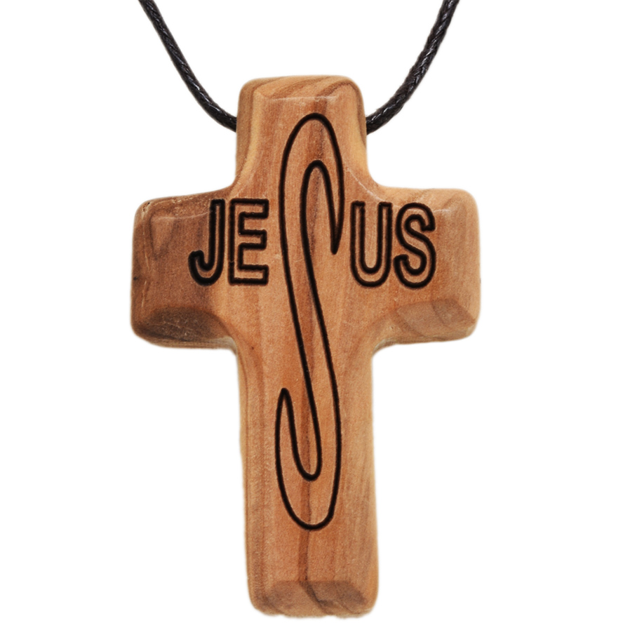 Olive Wood ‘Jesus Cross’ Necklace – Made in the Holy Land (front)