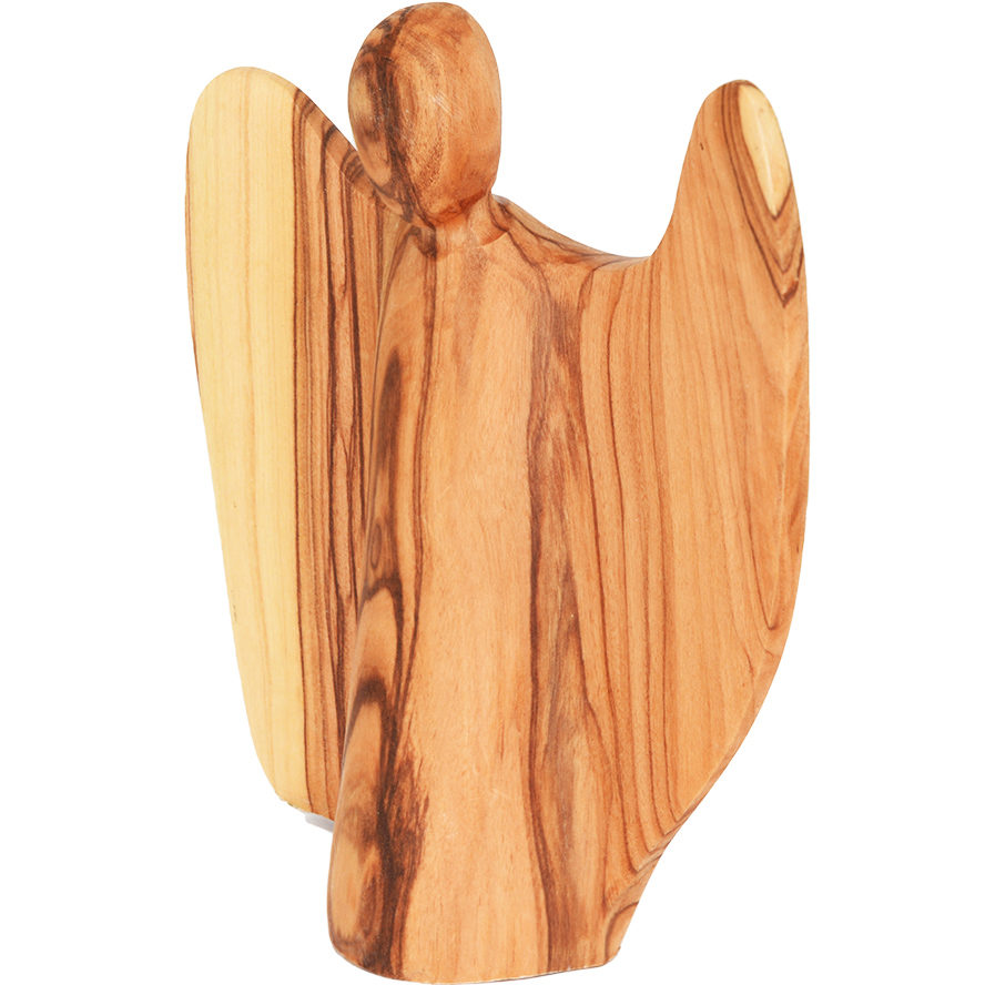 Olive Wood Angel with Wings Open – Faceless – Made in Bethlehem (angle view)