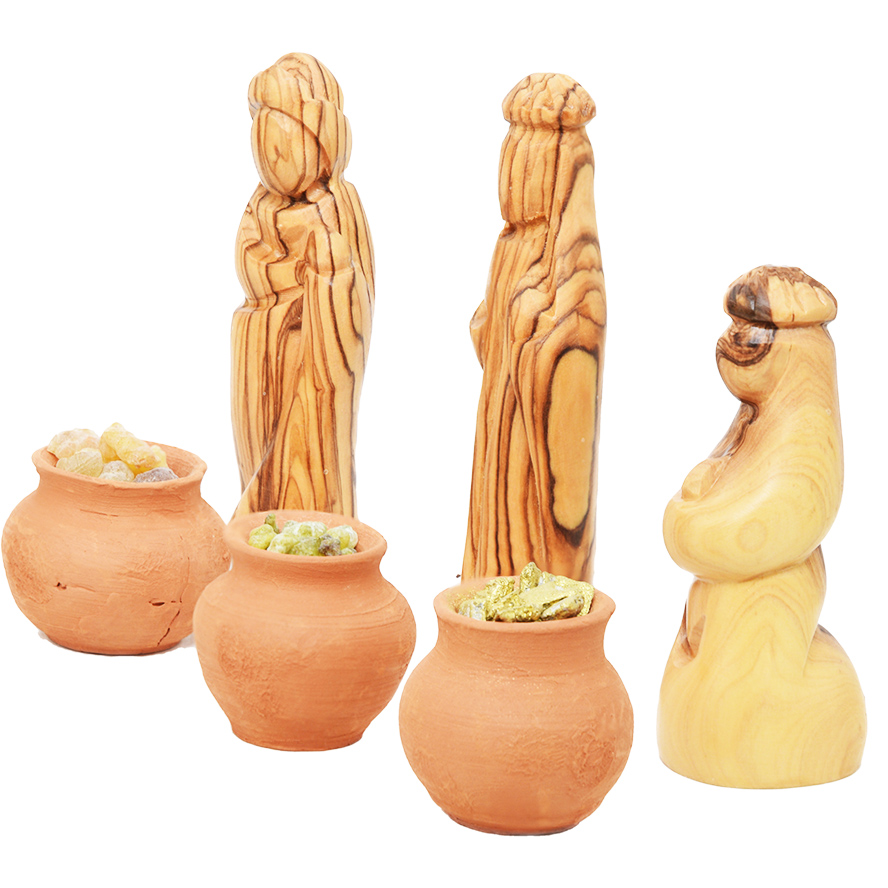 Faceless olive wood wise men + gifts in clay jars
