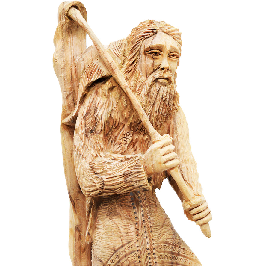 St. James and the Scallop Shell – Olive Wood Carved Ornament – 10″ (detail)