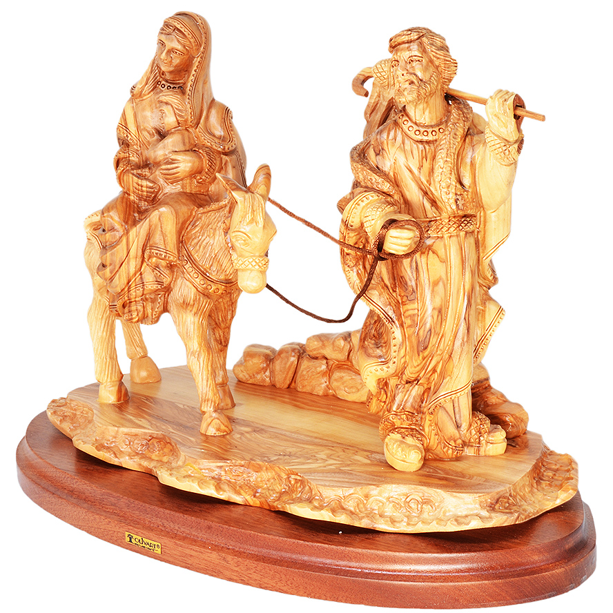 Holy Family ‘Flight to Egypt’ Olive Wood Carving – Bethlehem 15″ (angle)