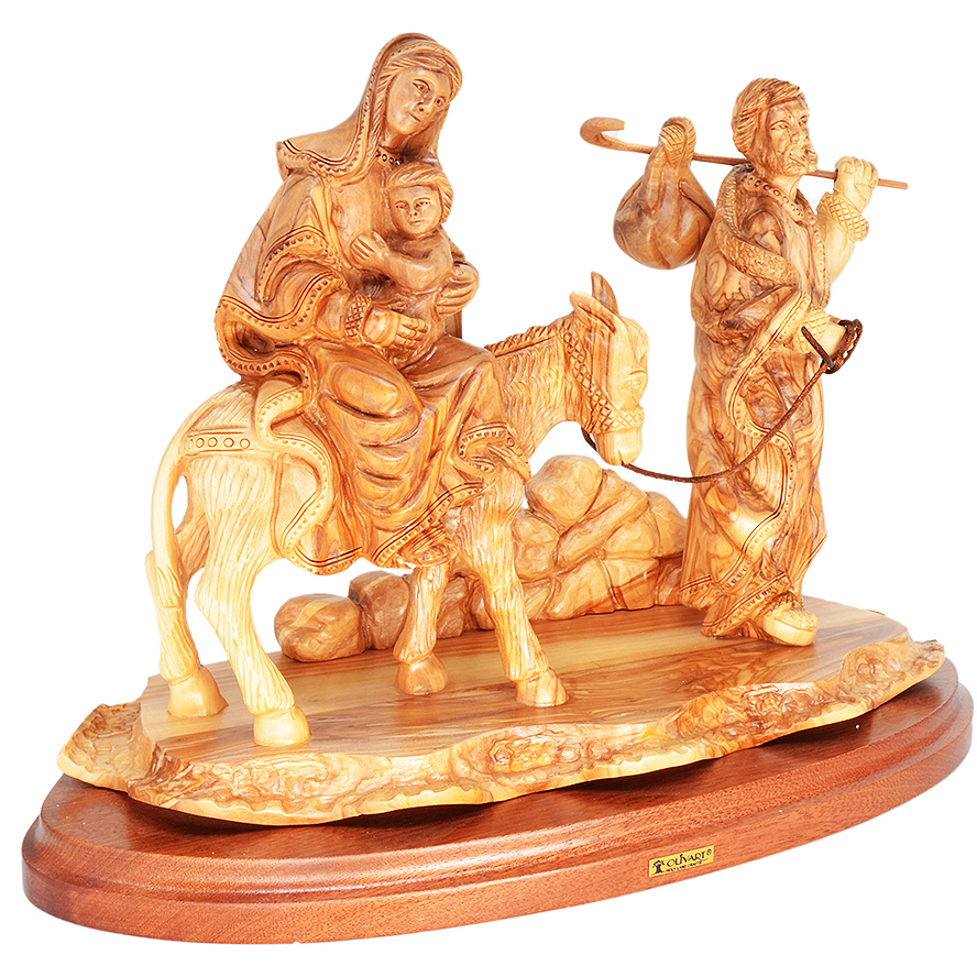 Holy Family ‘Flight to Egypt’ Olive Wood Carving – Bethlehem 15″ (side view)