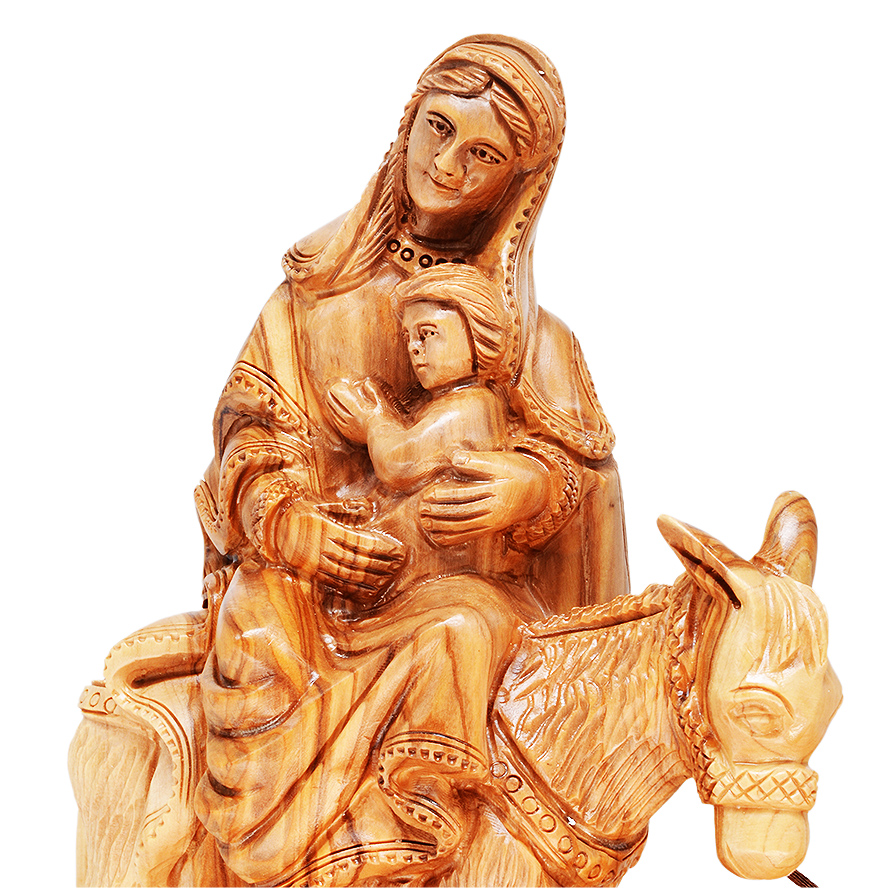 Holy Family ‘Flight to Egypt’ Olive Wood Carving – Bethlehem 15″ (Mary and Jesus detail)