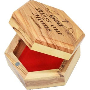 'God Bless Our Home' Jerusalem Olive Wood Hexagonal Box - 3.8" (lid opened)