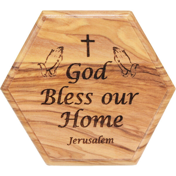 'God Bless Our Home' Jerusalem Olive Wood Hexagonal Box - 3.8" (view from above)