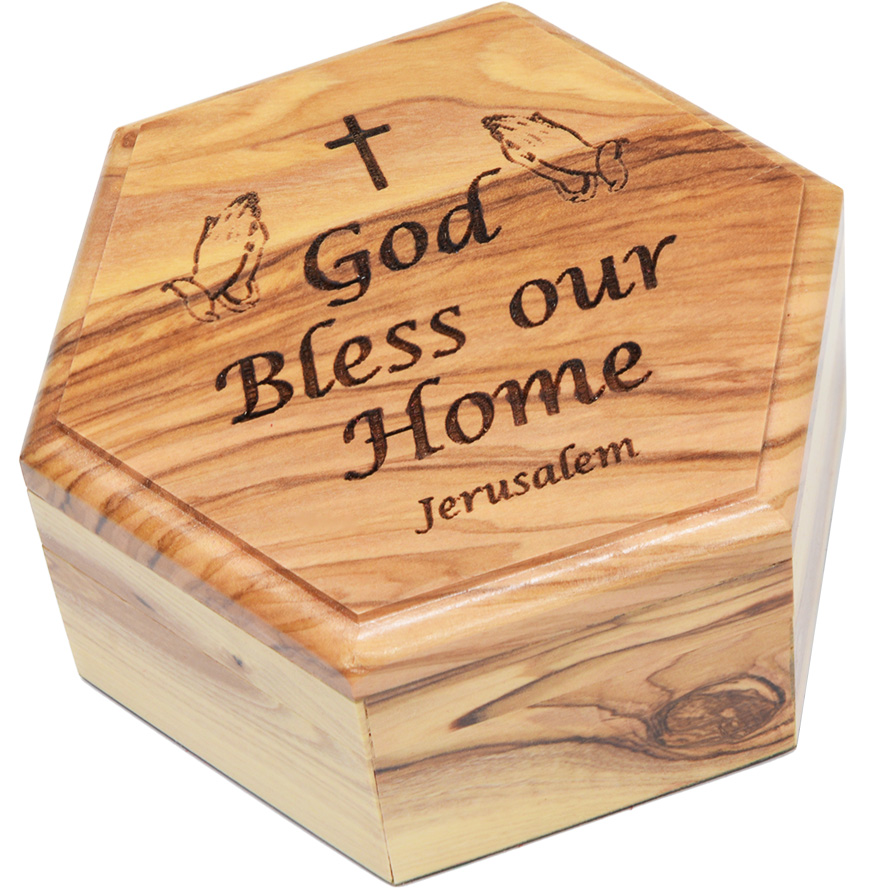 'God Bless Our Home' Jerusalem Olive Wood Hexagonal Box - 3.8"